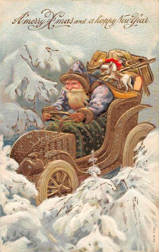 Christmas Greetings Santa Claus Driving Car In Snow Purple Robe Pc Jg236745