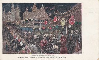 Old Vintage Coney Island Ny Postcard Pmc Japanese Roof Garden At Night Luna Park