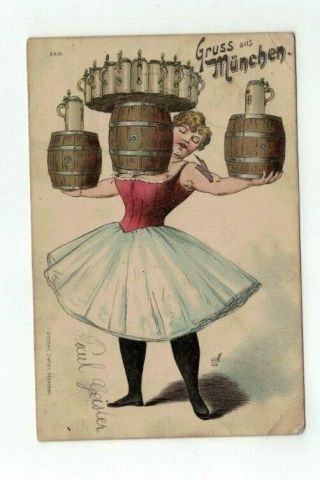 Germany 1898 Antique Post Card Artist Signed (ekm) " Gruss Aus Munchen " Barmaid