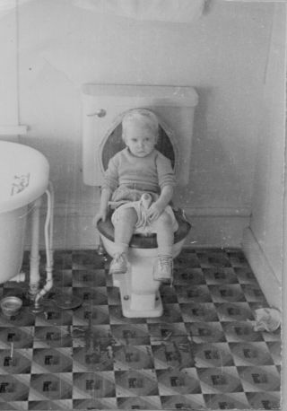 Vintage Photo Potty Training Sitting On A Toilet Tub Bathroom Sad Look