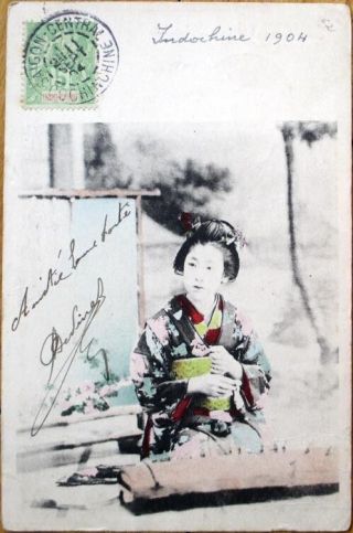 1904 Postcard: Japanese Geisha Girl/music Instrument - Postmark Indochina/vietnam