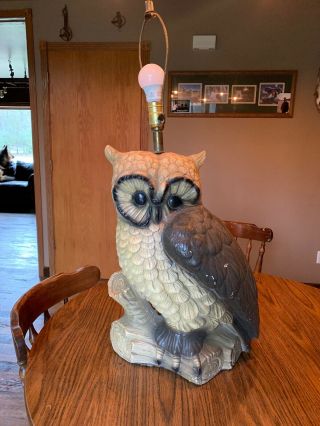 Antique Vintage Owl On Log Lamp Light Folk Art Figurine Statue 32” Huge Bird