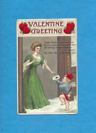 Cupid Messenger Delivers Love Letter To Lady Vintage 1910 Valentine Postcard