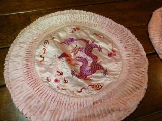 Vintage Chinese Hand Embroidered Pink Silk Round Pillow Cover Dragons