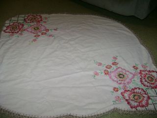 Vintage Embroidered Tablecloth.  Red/pink Floral.  29 " X 30 "