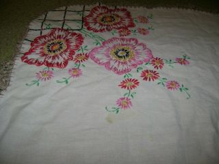 Vintage Embroidered Tablecloth.  Red/Pink Floral.  29 