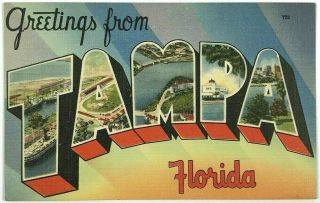 Tichnor Bros Large Letter Linen Vintage Postcard Greetings Tampa Florida Fl T28