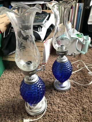 2 Cobalt Blue Glass Lamps - Electric Powered - Hurricane/oil Style
