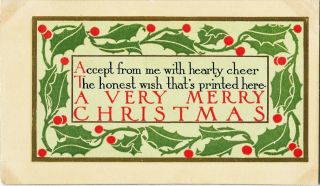 A M Davis 1911 Arts & Crafts A Very Merry Christmas Postcard Holly Border W Gold