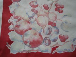 40s Vintage Cotton Tablecloth Red White Lt Blue Yellow Apples Fruit