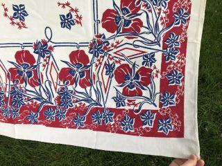 Vtg Tablecloth Red White Blue Floral Bright Cotton 48 " X 44 " Patriotic 4th Flaws