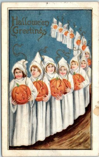Vintage Halloween Postcard Girls In Ghost Costumes (not Kkk) W/ Jols 1913 Cancel