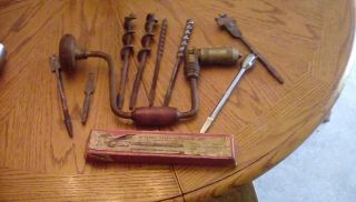 Vintage Metal Hand Drill Wood Handles Miller Falls No.  1710 Usa With 9 Bits