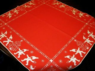 Vintage Red Cotton Christmas Tablecloth 36 " X 34 " Old Scandinavian Style Elfs