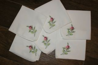 Set Of 6 Vintage Cloth Napkins White Cross Stitched Pink & Red Roses Vg