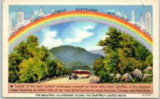 1940s " Safeway " Bus Lines Advertising Postcard Chicago To York Route Linen