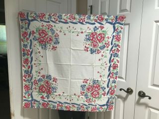 Vintage Floral Tablecloth Blue Red Green Table Cloth Approx 40 " X 40 "