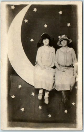 Vintage Paper Moon Rppc Real Photo Postcard 2 Ladies Hats Round Glasses C1910s