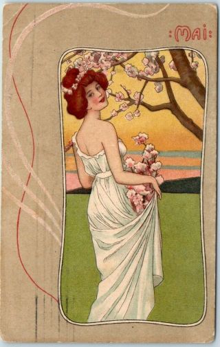 Vintage Art Nouveau Postcard Pretty Lady / Flowers " Mai " W/ 1907 Cancel