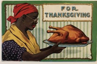 Rare 1906 Black Americana Thanksgiving Postcard Lady W.  Turkey On Platter - C610