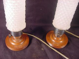 C.  1930 ' s ART DECO DRESSER LAMPS w/TUBULAR QUILTED FROSTED SHADES MATCHED PAIR 2