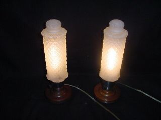 C.  1930 ' s ART DECO DRESSER LAMPS w/TUBULAR QUILTED FROSTED SHADES MATCHED PAIR 6