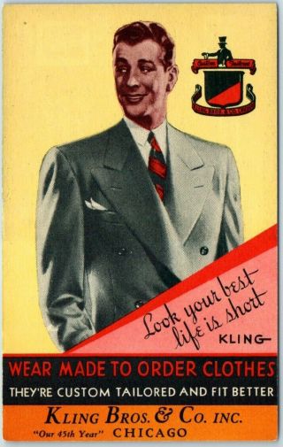 1940s Chicago Linen Advertising Postcard Kling Bros.  & Co.  Men 