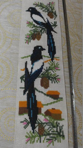 Vintage Swedish Cross - Stitch Hand - Embroidered Wool Wall Hanging Two Magpies