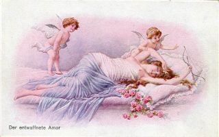 Cupids Admire Semi - Nude Beauty Fine Old Erotic Postcard