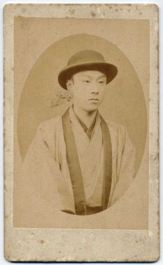 S19701 1890s Japan Antique Photo Japanese Young Man With Hat W Portrait Kimono