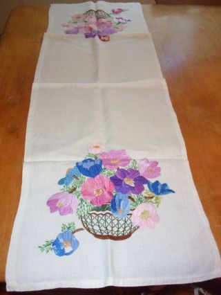 Vintage Embroidered Linen Runner / Dresser Scarf 15 " X 44 " Pink Blue Lavender