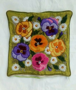 Vintage 20 " Crewel Embroidery Square Pillow Green Floral Flowers Retro