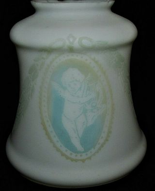 Antique White Satin Glass Pendant Lamp Shade Victorian Cherub W/ Lyre 2 1/4 " Rim