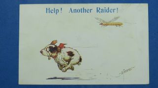 Ww1 Military Comic Postcard 1916 Zeppelin Airship Dog Help Another Raider