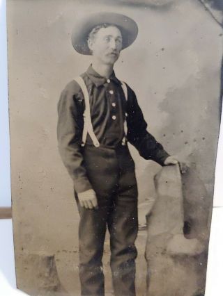 Vintage Tintype Photo Worker Or Farmer In Suspenders Image