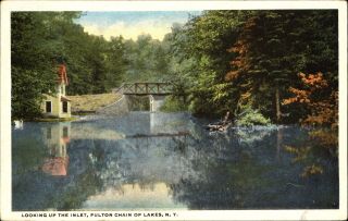 Looking Up The Inlet Fulton Chain Of Lakes Ny York 1920s Postcard
