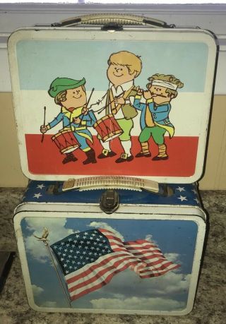 1973 American Flag Night & Day Patriotic,  1974 Marching Band Ohio Art Lunchboxes