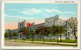Mcalester,  Oklahoma Postcard High School Building / Street View Linen 1945