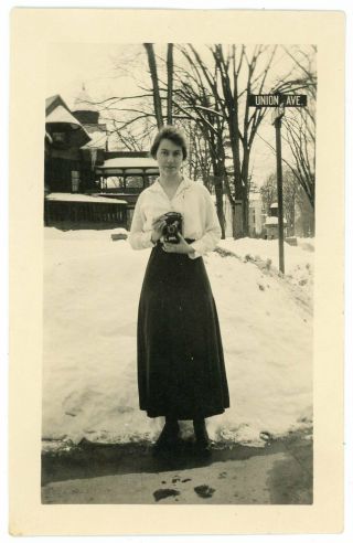 Woman With Camera Female Photographer 1920s Vintage Snapshot Photo