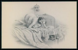 Art Risque Nude Woman In Bed With Pekingese Dog 1910 Postcard Mm Vienne