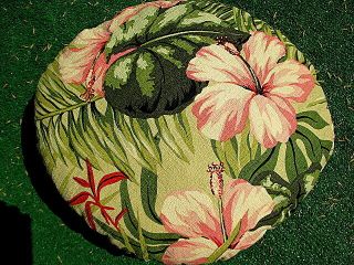 Vintage Bark Cloth Hibiscus Tropical Pillow Round
