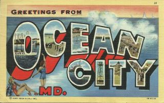 Greetings From Ocean City Maryland Large Letter Linen Postcard Curt Teich
