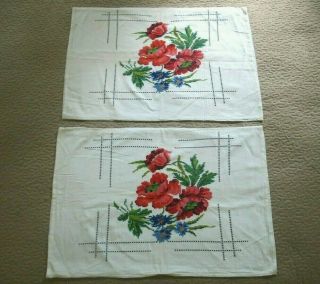 2 Vintage Hand Sewn,  Cross Stitch & Embroidered Pillow Cases W/ Red Flowers