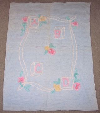 Vintage Antique Baby Crib Nursery Blue A B C Blocks Chenille Bedspread Blanket