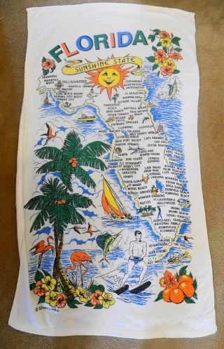 Vintage Florida Map Souvenir Beach Towel Palm Trees Water Skier
