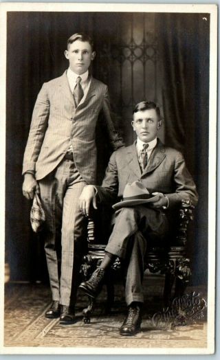 C1920s Rppc Real Photo Postcard Two Young Men In Suits / Studio Portrait