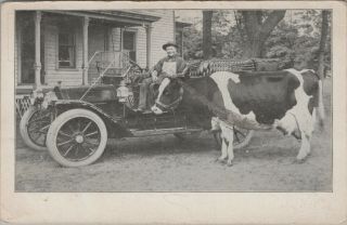 (m498) Vintage Postcard,  Rppc,  Dairy Farmer With Automobile And Cow