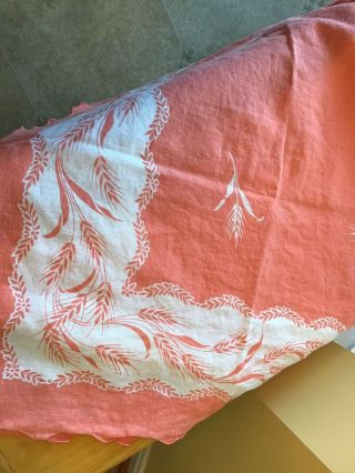 Vtg Tablecloth Salmon Linen Hand Embroidered Wheat Flowers 47”x47”