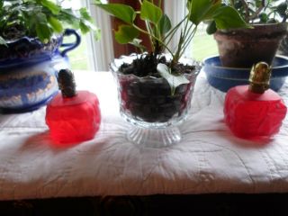 Set Of 2 - Vintage Antique Red Satin Glass Miniature Oil Lamp Base