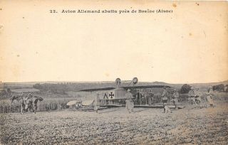 Wwi C1915 Military Postcard German Airplane Shot Down At Braine (aisne) France